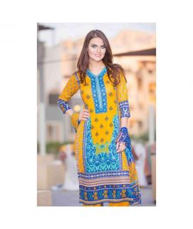 3 Piece Un-Stitched Suit Printed Yellow Blue